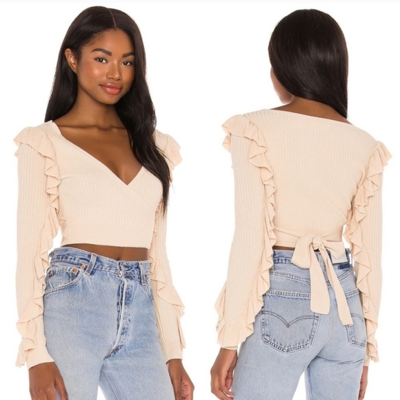 Revolve Tularosa Ruffled Sleeve Wrap Sweater Beige Size Medium - Picture 2 of 7